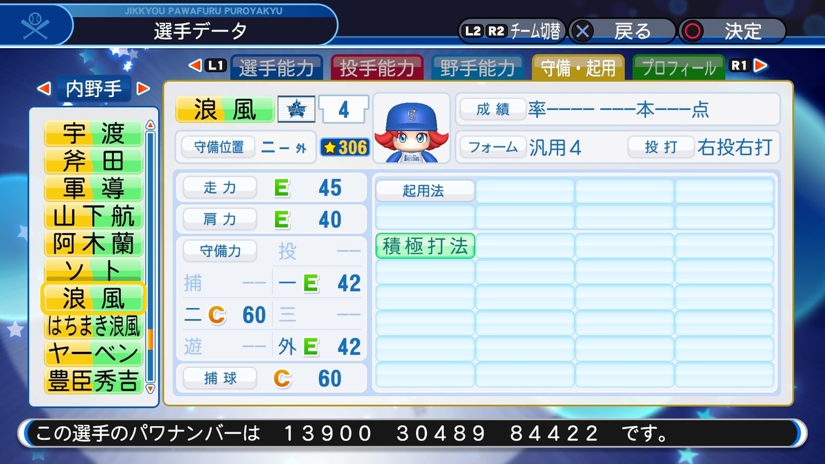 パワプロ19作成 サクセス 浪風芽衣香 内野手 軽佻浮薄な大波小波ブログ