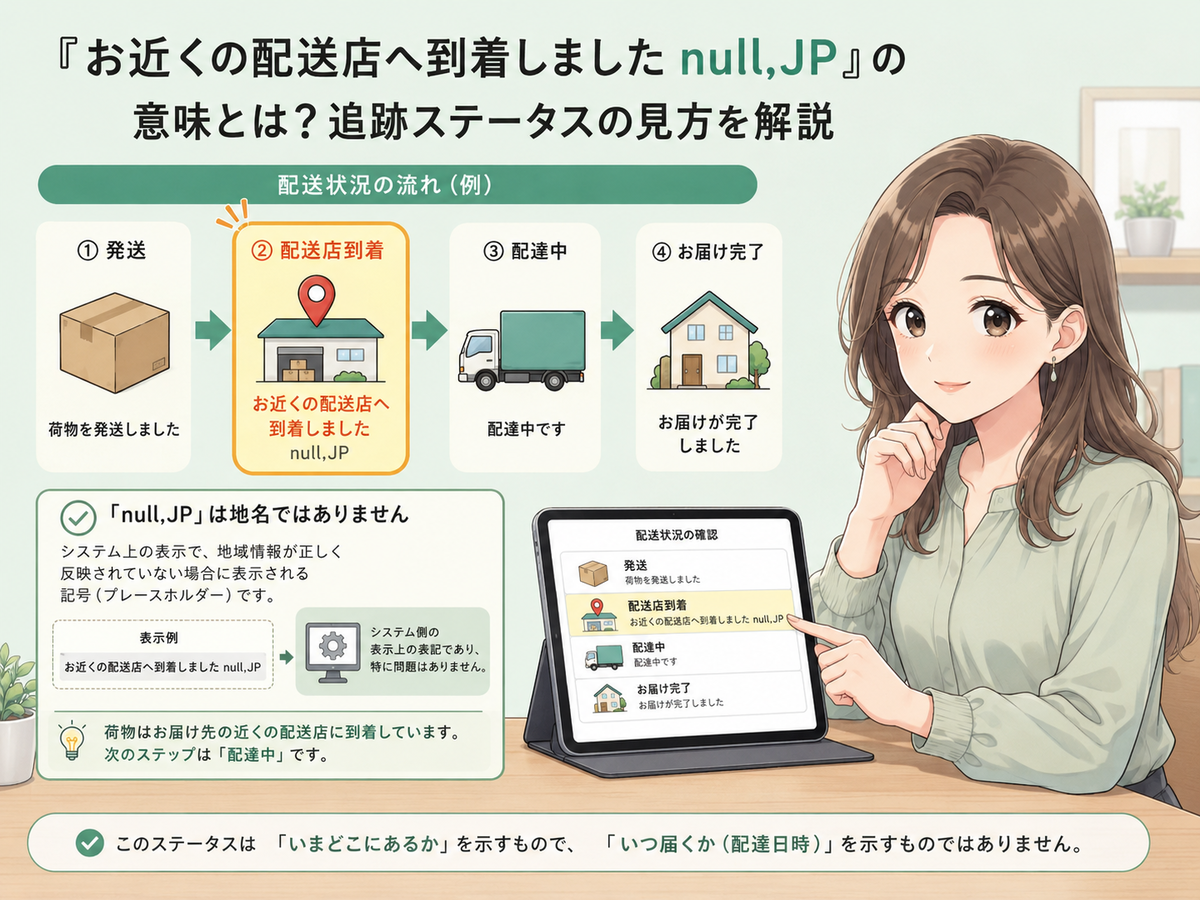 お近くの配送店へ到着しました null,JP」とは？意味と対処法 - Simple hint