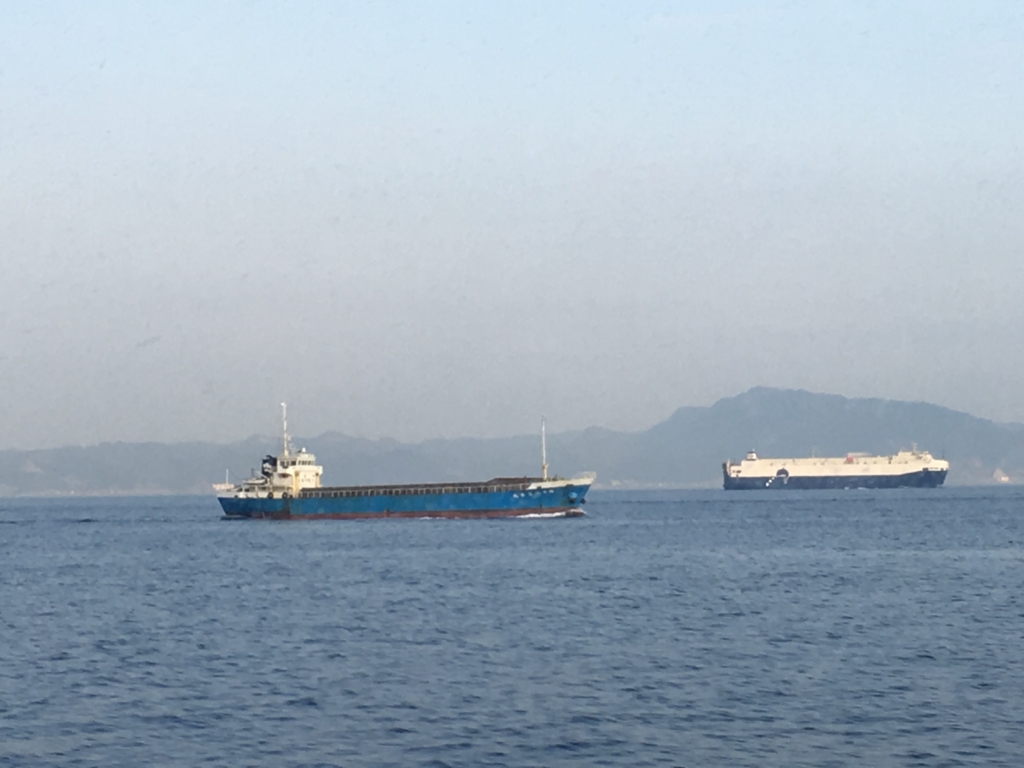 大島-東京 高速ジェット船より 撮影 大きな貨物船