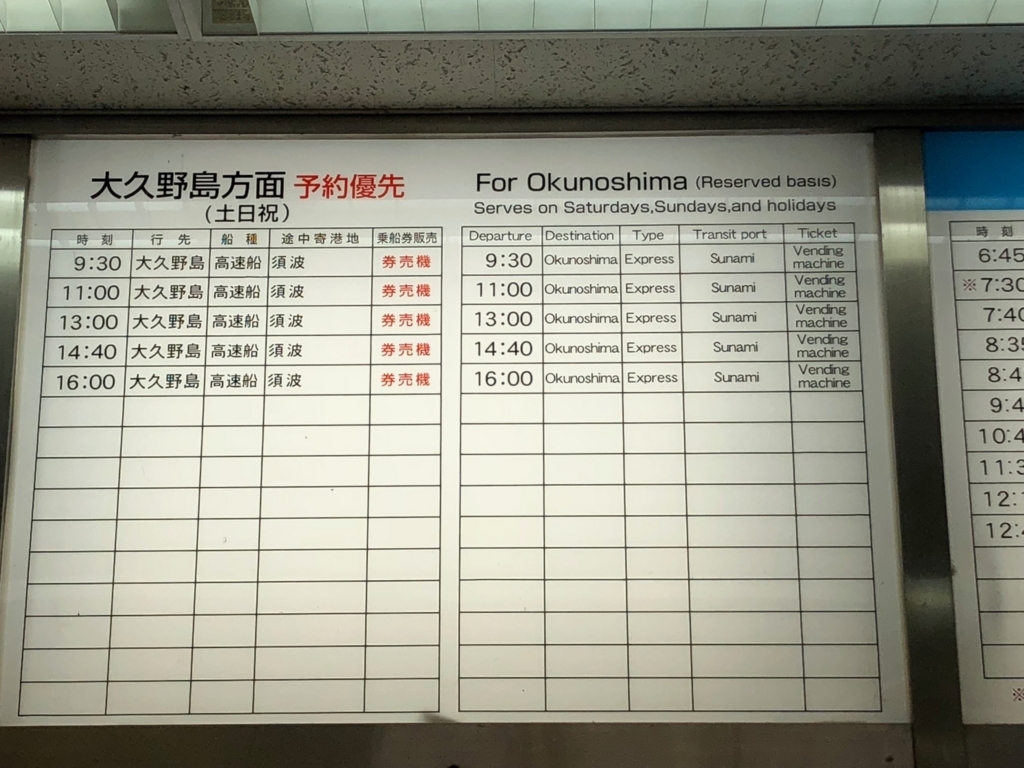 広島県 三原桟橋発 うさぎ島（大久野島）「ラビットライン」時刻表