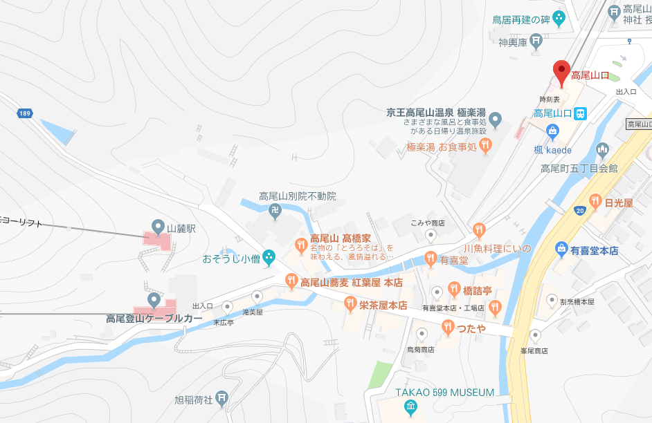 高尾山口駅から 清滝駅（ケーブルカー）山麓駅（リフト）までのマップ