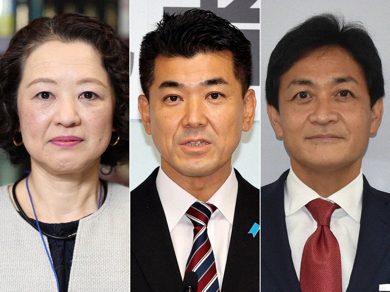 （左から）連合の芳野友子会長、立憲民主党の泉健太代表、国民民主党の玉木雄一郎代表＝梅村直承、幾島健太郎、西本紗保美撮影