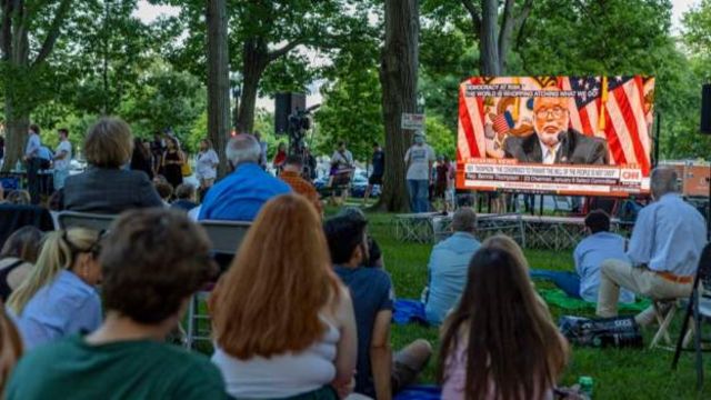 議事堂近くの公園で公聴会を見る人たち