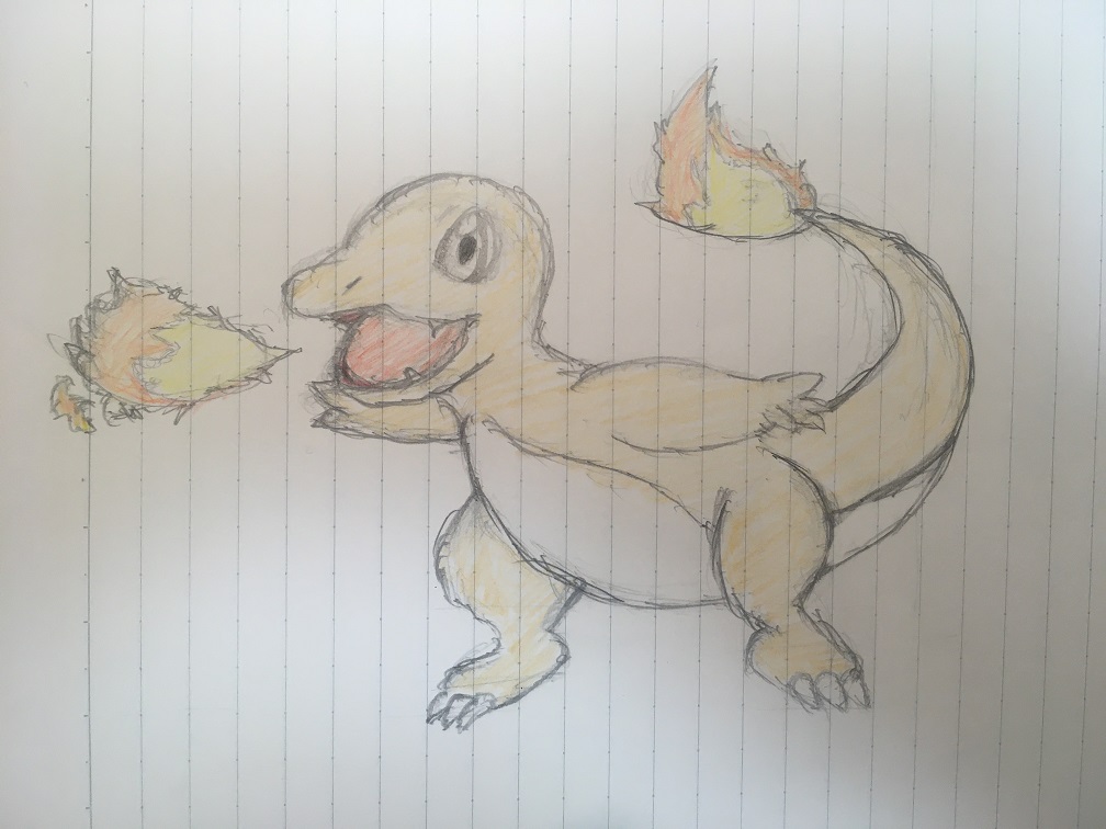 ヒトカゲを書きました 色鉛筆でも書いてみました E Mc2