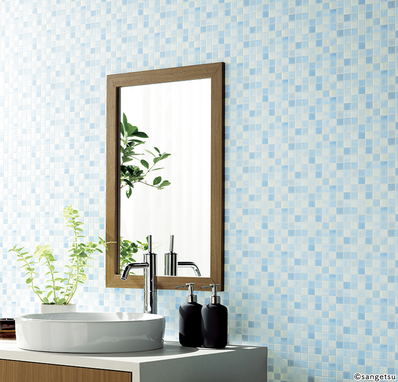 タイル調のクロスを採用した洗面所の内装