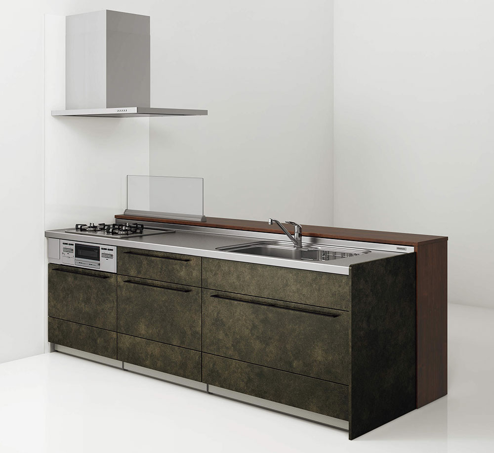 ダイニング側に腰壁をつけた対面キッチンSTEDIA（ステディア）デュアルトップ対面タイプの写真