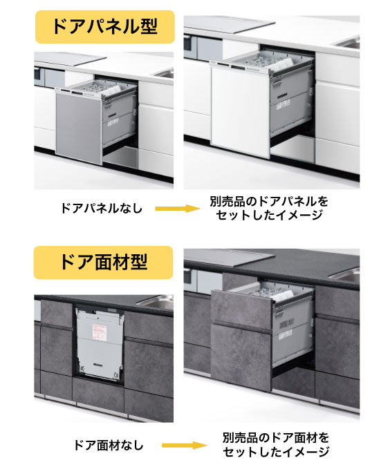 ドアのタイプが異なる2つのビルトイン食洗機