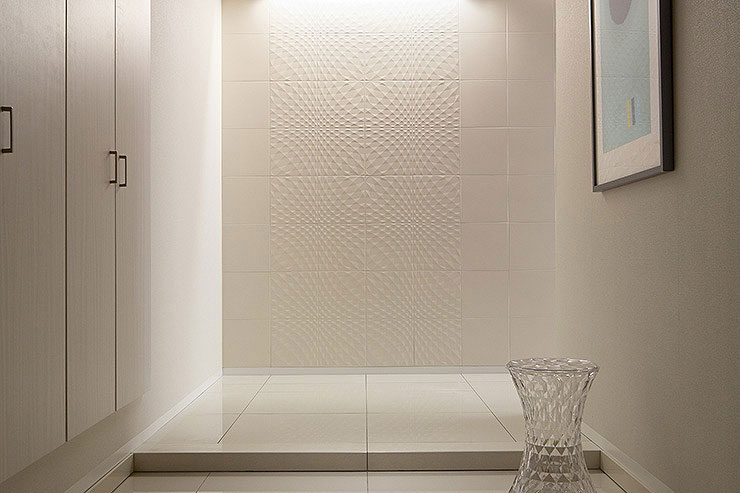 レリーフ調のエコカラットを使用した玄関の壁