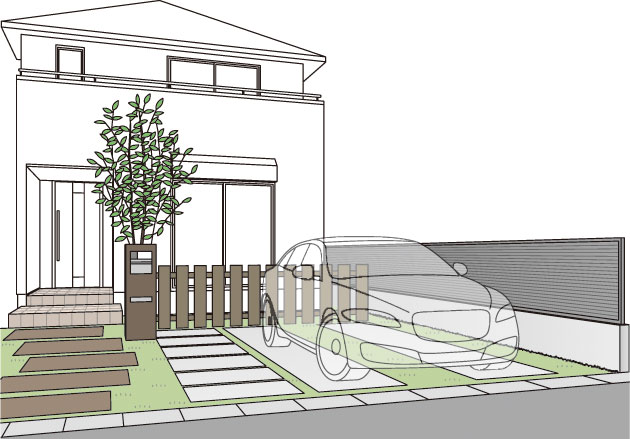 コンクリートと植栽を組み合わせた駐車場のイラスト