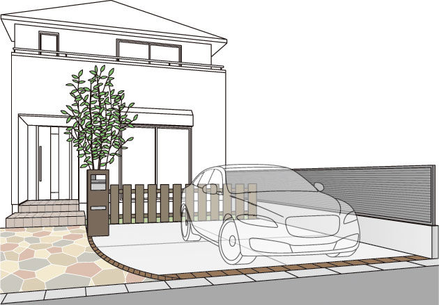 タイルとコンクリートを組み合わせた駐車場とアプローチのイラスト