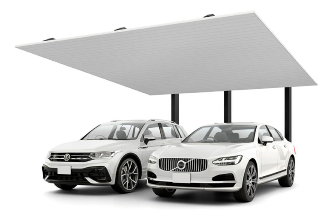 後方支持タイプで、直射日光から車を守るアルミ屋根2台用のカーポートの画像