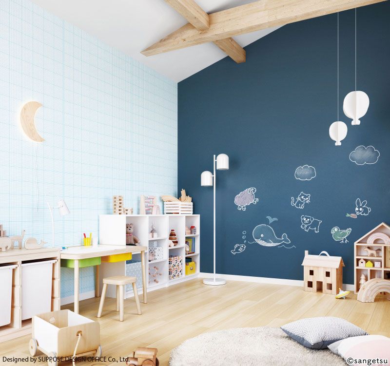 黒板クロスと方眼紙のようなデザインの壁紙を取り入れた子ども部屋