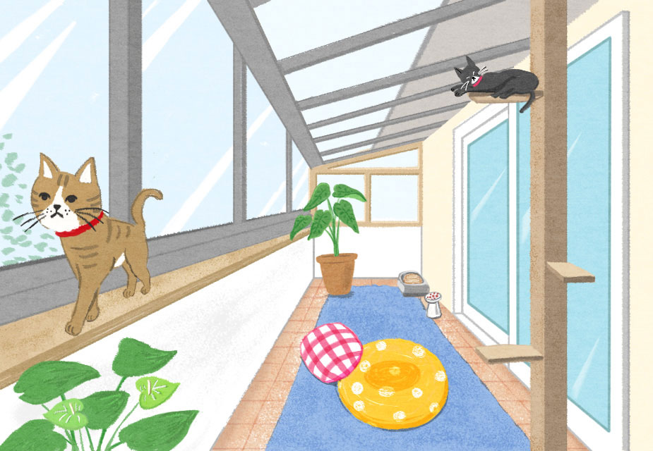 ベランダ・バルコニーをサンルームにリフォームして愛猫のスペースにしたイラスト