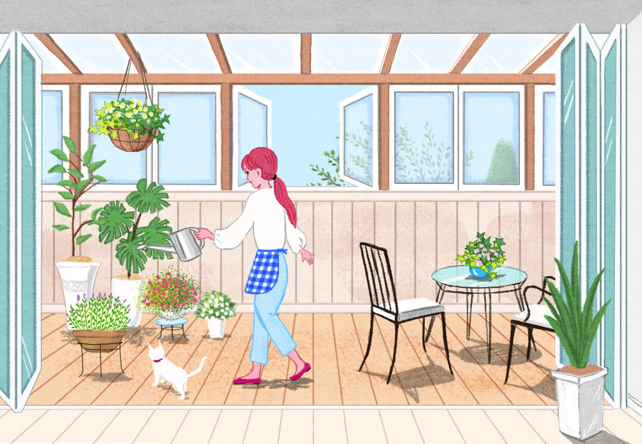造作ならではの木製枠のサンルームのイラスト
