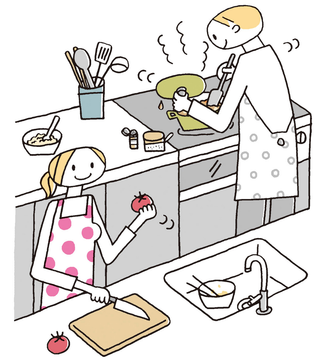 キッチンで料理をする夫婦のイラスト