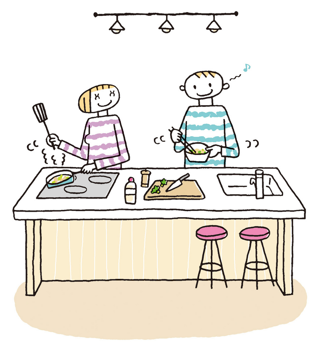 キッチンで料理をする夫婦のイラスト