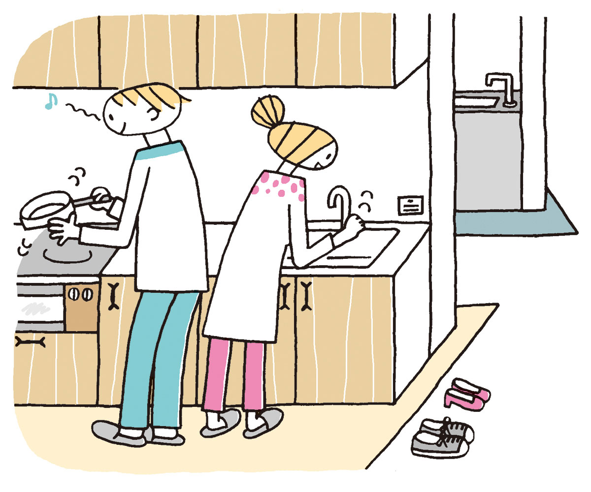 ショールームでキッチンを試す夫婦のイラスト