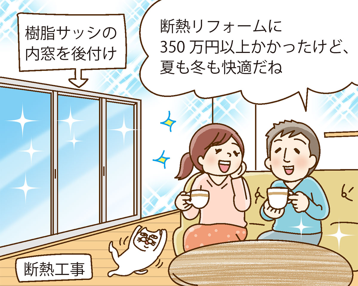 内窓がついて断熱性がアップした一戸建てのリビングのイラスト