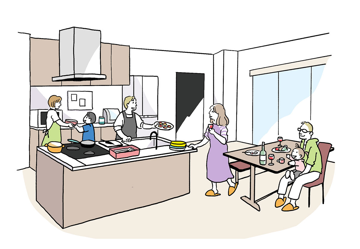 最近のオープンなキッチンのイメージ