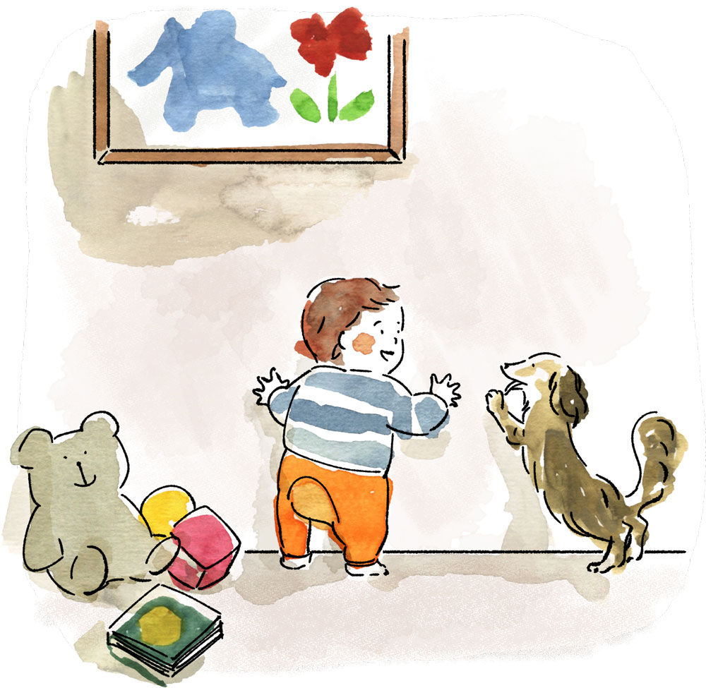 汚れ防止機能があるクロスをさわる子どもとペットのイラスト