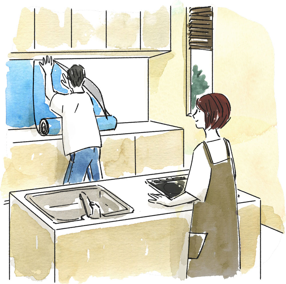 キッチンの壁にクロスを張っているイラスト