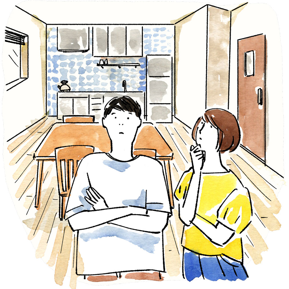 リビングのクロスの選び方に迷っている夫婦のイラスト