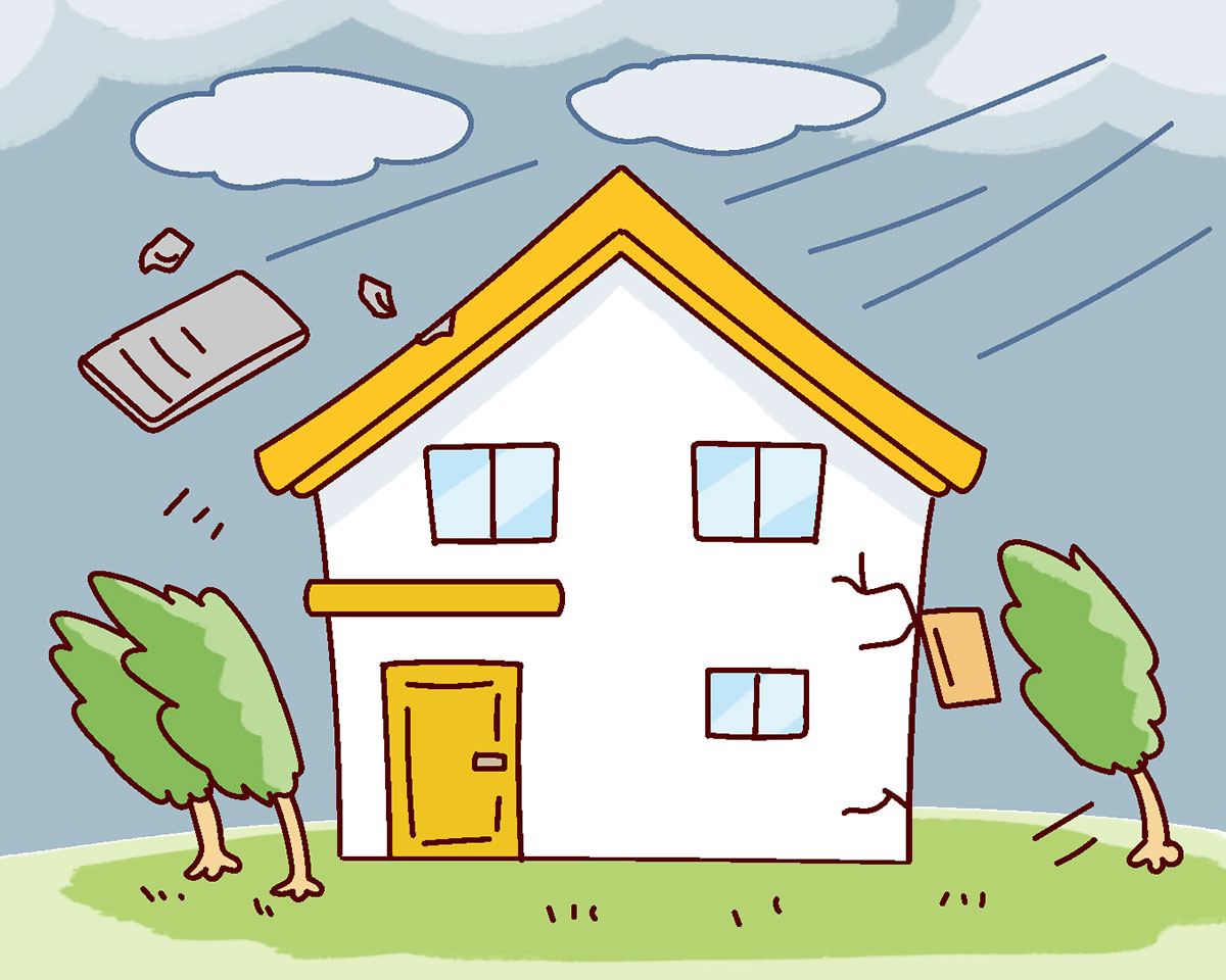 火災保険が適用になる自然災害に遭っている一戸建てのイラスト