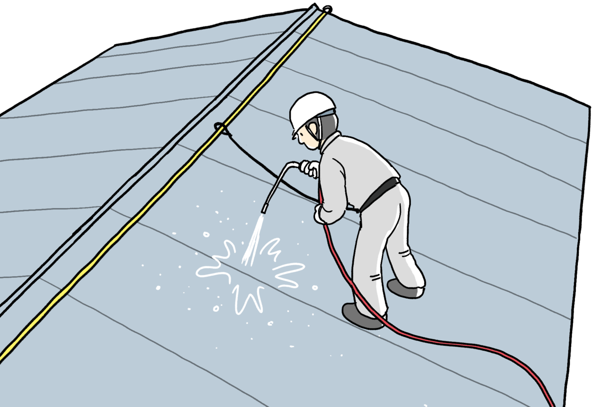 屋根塗装のリフォームで屋根表面を高圧洗浄しているイラスト