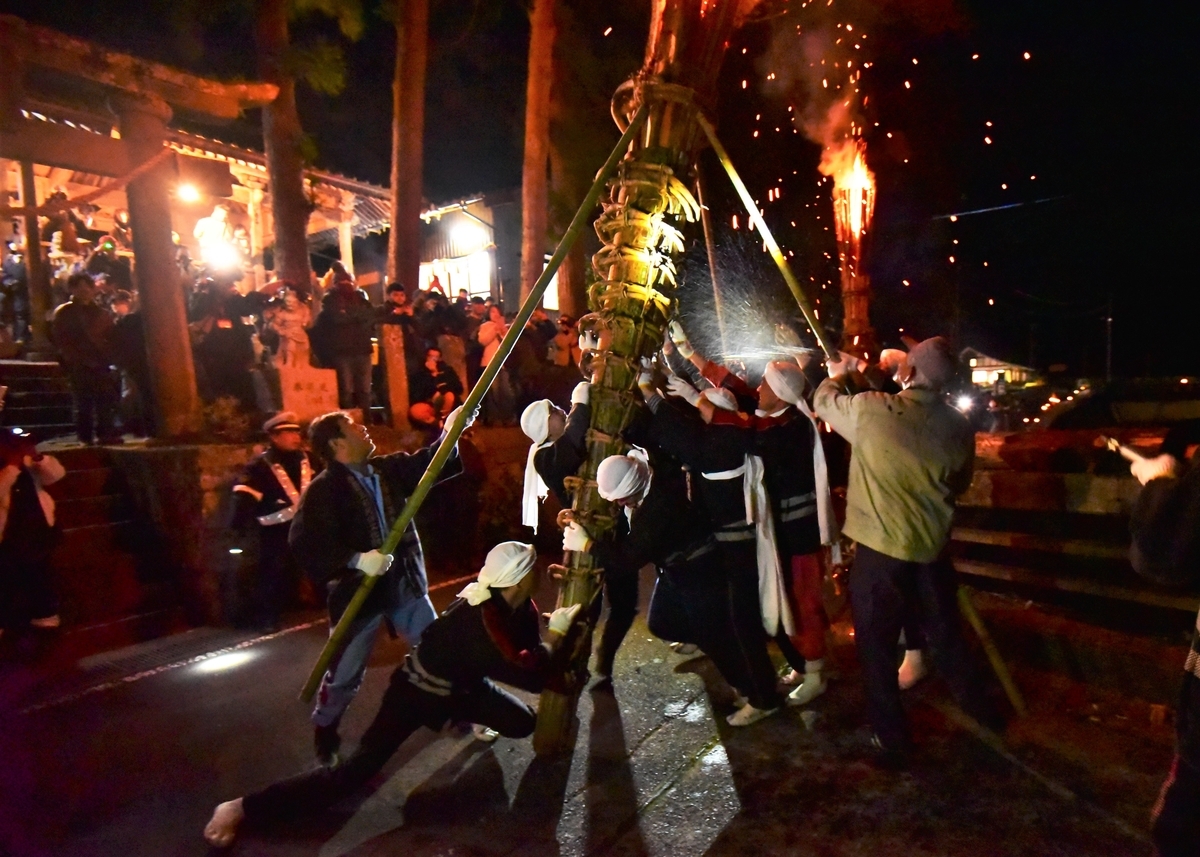 3本のオオダイのうち権現社鳥居前で直立されるオオダイ 天念寺の修正鬼会