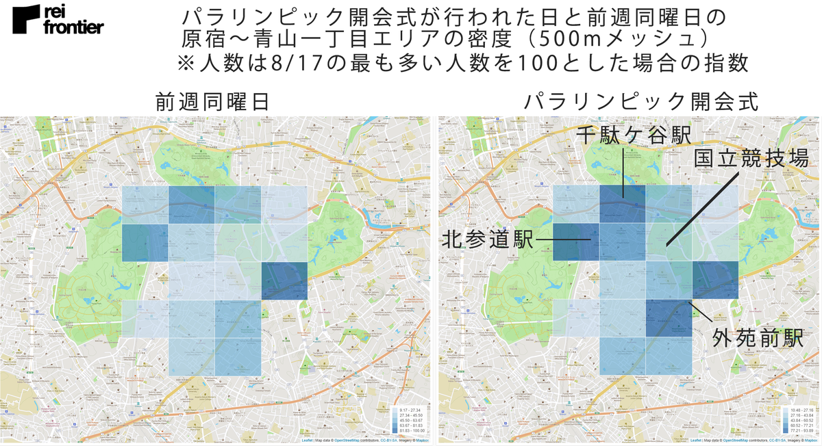 パラリンピック開会式が行われた日と前週同曜日の原宿~青山一丁目エリアの密度(500mメッシュ)