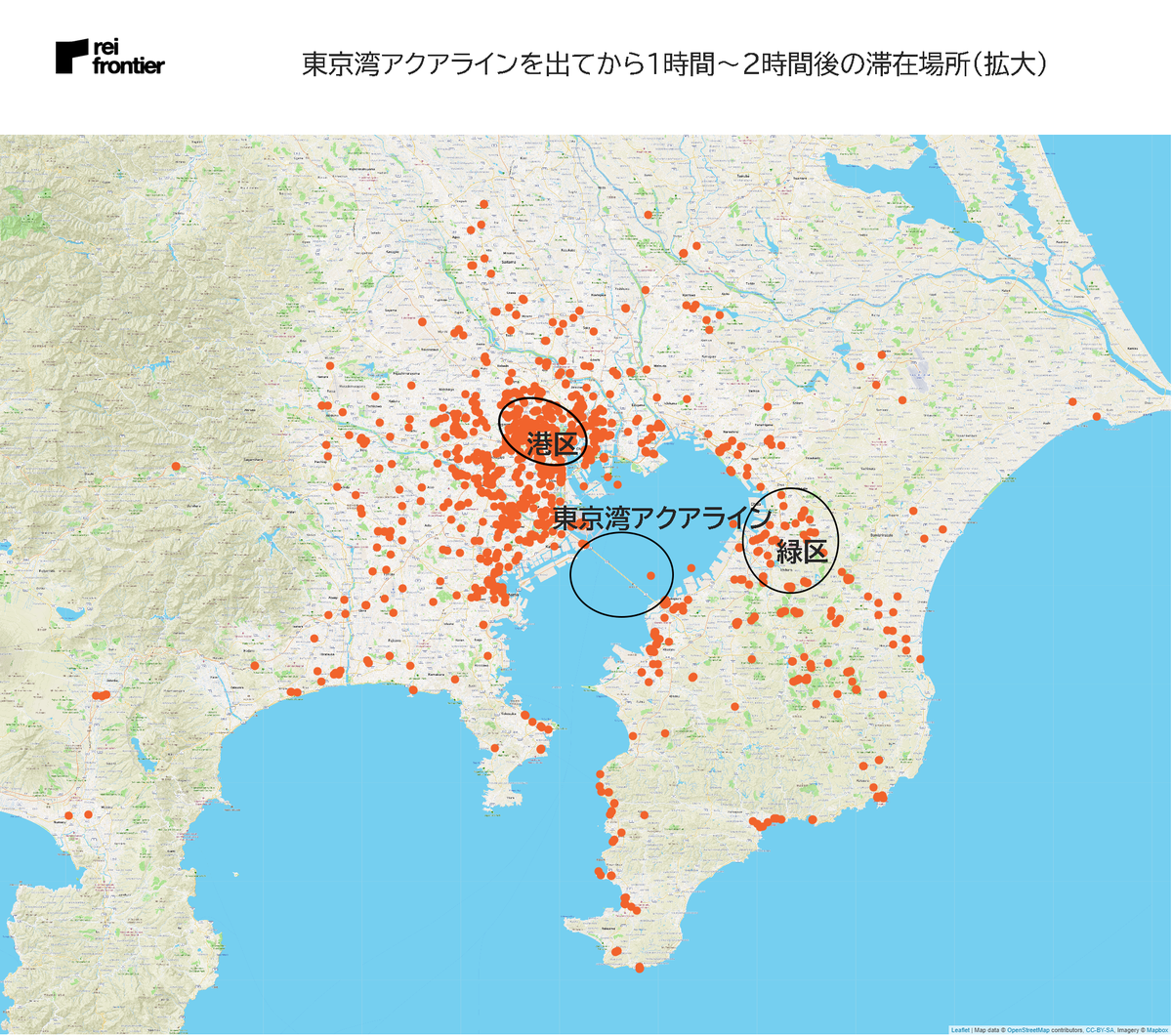 東京湾アクアラインを出てから1時間から2時間後の滞在場所（拡大）