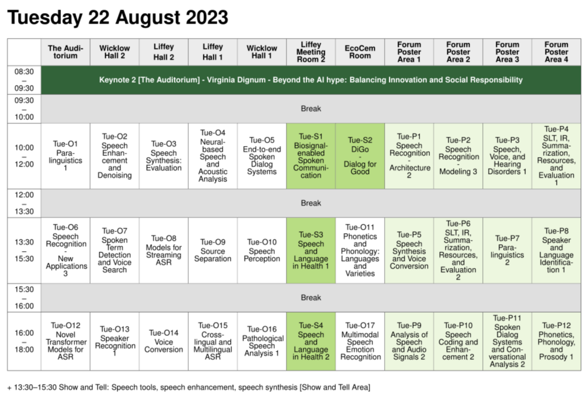 8月22日のプログラム（INTERSPEECH2023のウェブサイトより引用）