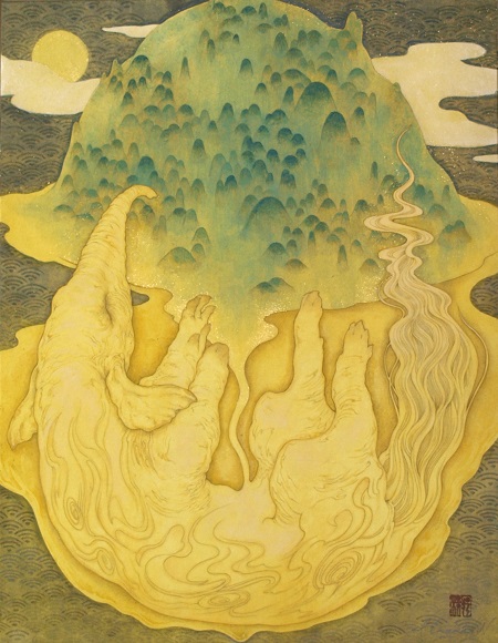 一時的セール坂垣夏樹作 月とひまわりの犬 日本画 フレーム付き F 一時的セール坂垣夏樹作 月とひまわりの犬 日本画 フレーム付き