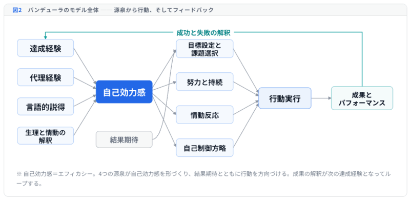 図2 Banduraのモデル全体──源泉から行動、そしてフィードバック