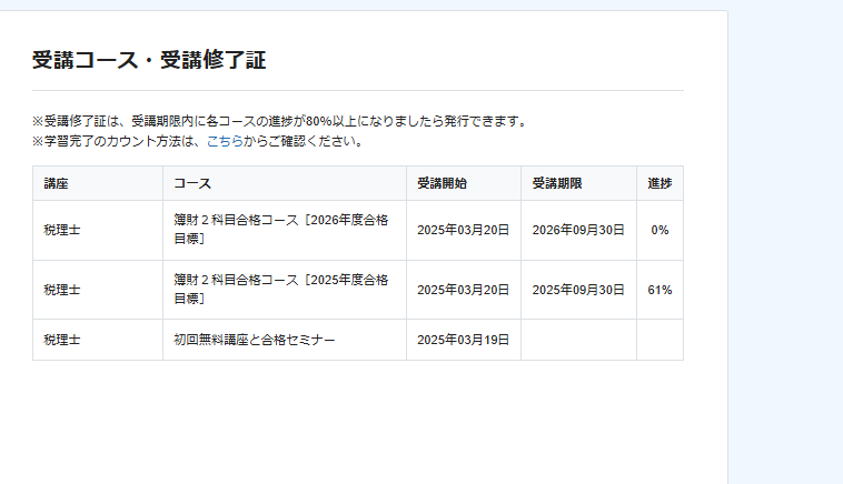 受講コース・受講修了証の画面(受講期限と進捗)