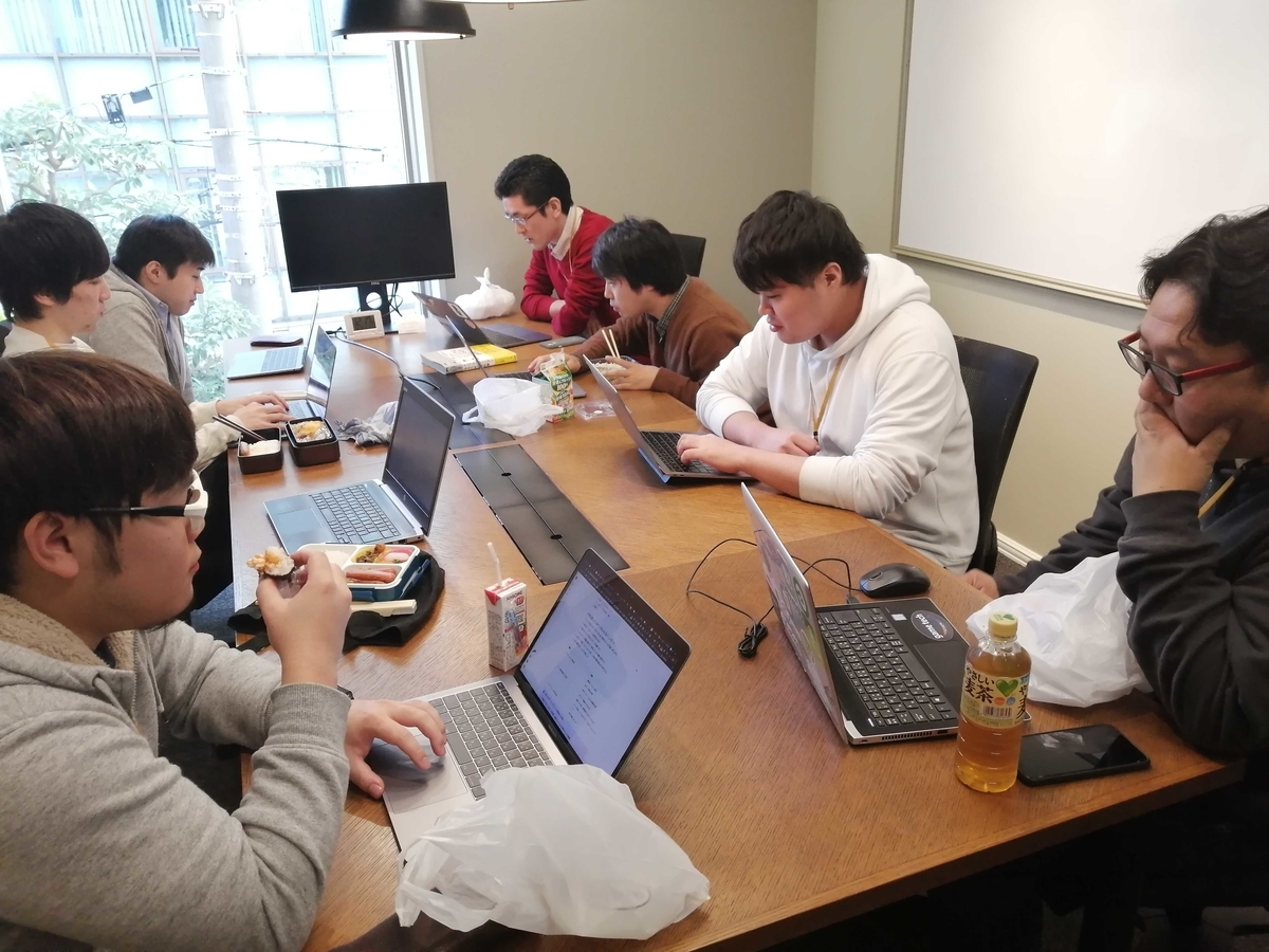 会議室に昼ごはんとPCを持ち寄りテーマについて議論している