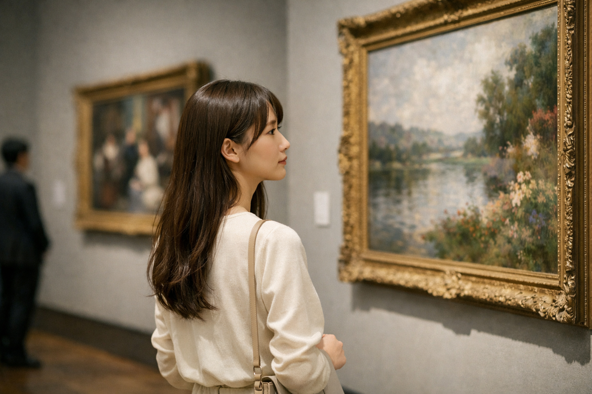 美術館で絵画を鑑賞するB型女性