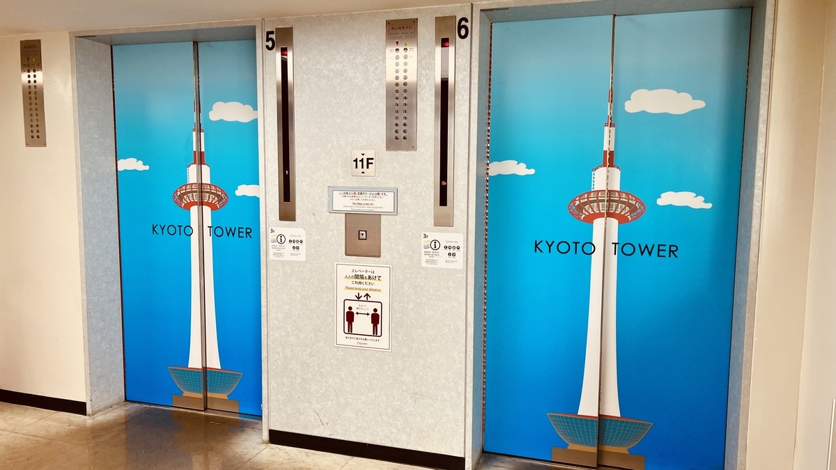 京都タワーのイラストが描かれた11階の展望室行きエレベーター扉