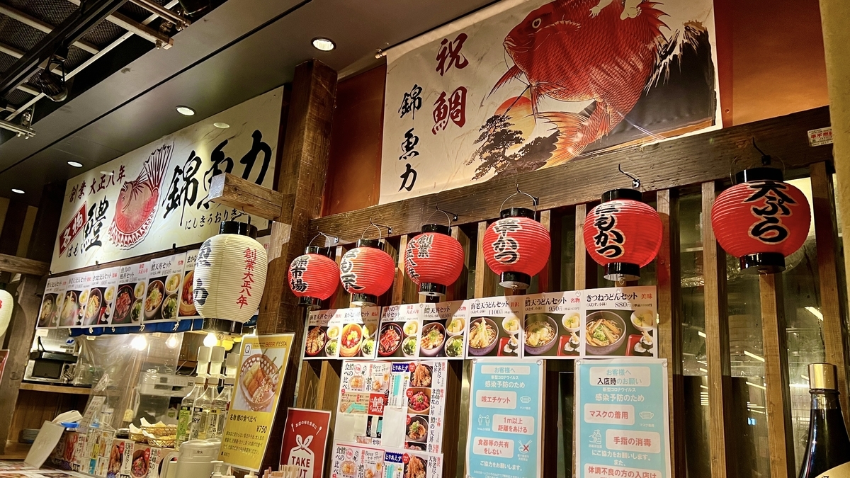赤い提灯が並ぶ錦鯛力のうどん店と鯛の絵が描かれた和風の店構え