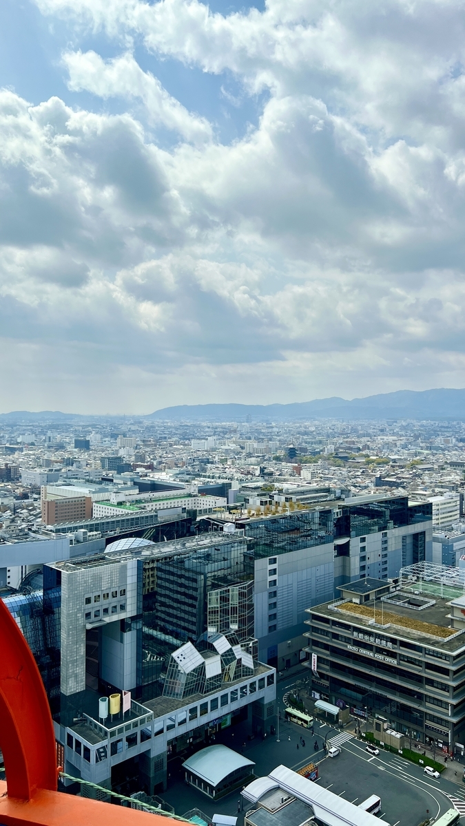 展望室から見下ろす京都駅ビルと広がる街並みに浮かぶ雲の縦構図