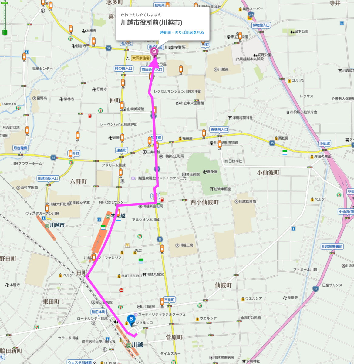 川越駅からのバスのルートと、下車駅「川越市役所前」の場所