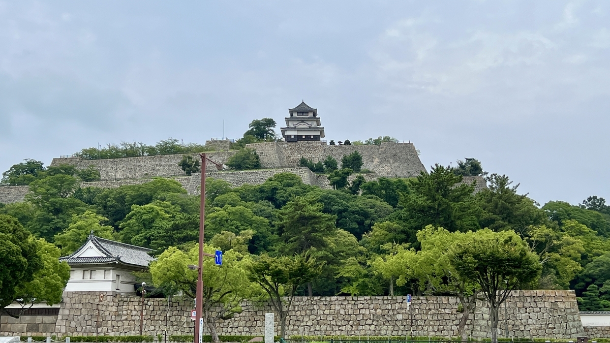 丸亀城の遠景。天守と石垣がそびえ立つ姿が印象的