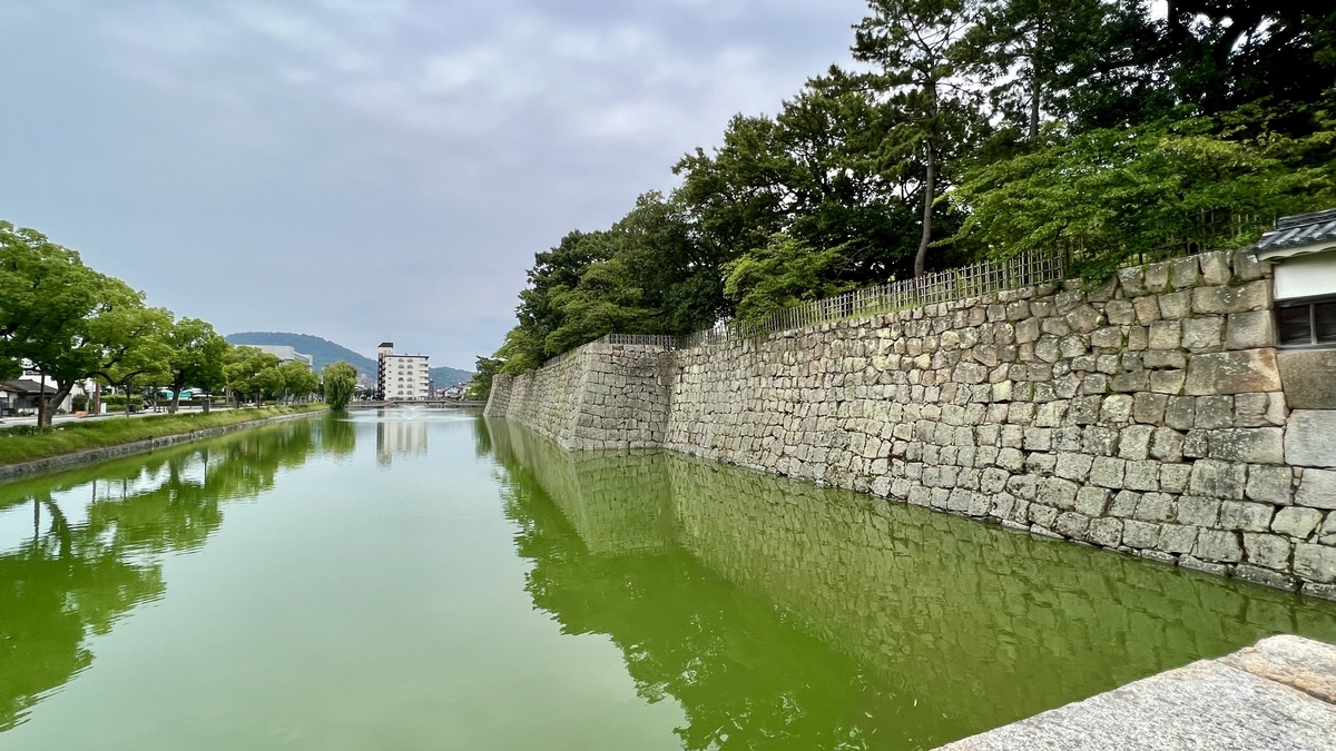 お堀に映る空と木々。穏やかな水面が広がる静かな風景