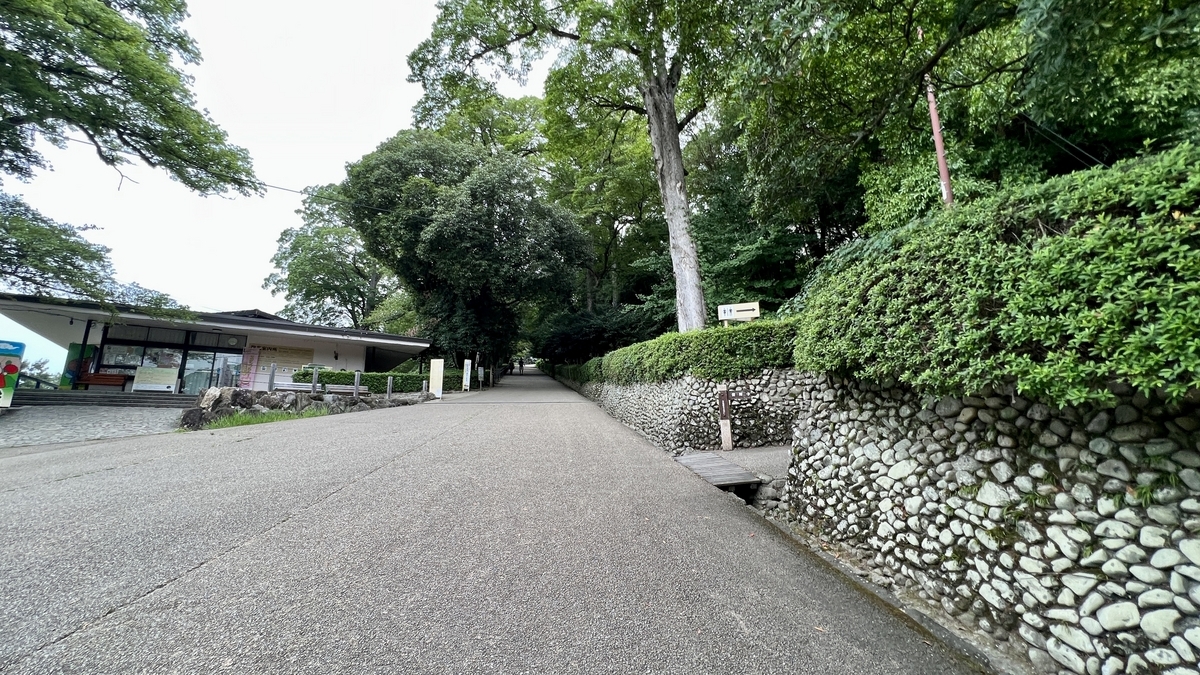 見返り坂の登り口付近。石垣と木々に囲まれた緩やかな上り坂の始まり