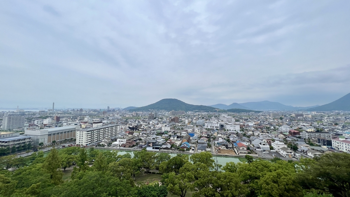 青空の下に広がる飯野山と街並み。東櫓台跡から見える丸亀の代表的風景