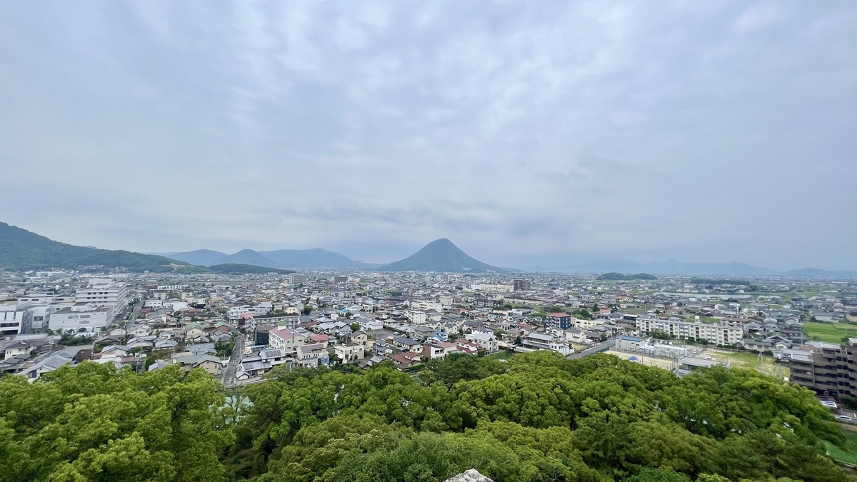 緑に包まれた月見櫓跡からのパノラマ風景。街と山が広がる