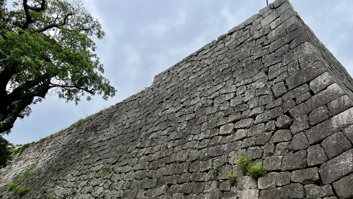 高く積まれた石垣を斜め下から撮影。角度と迫力が伝わる視点