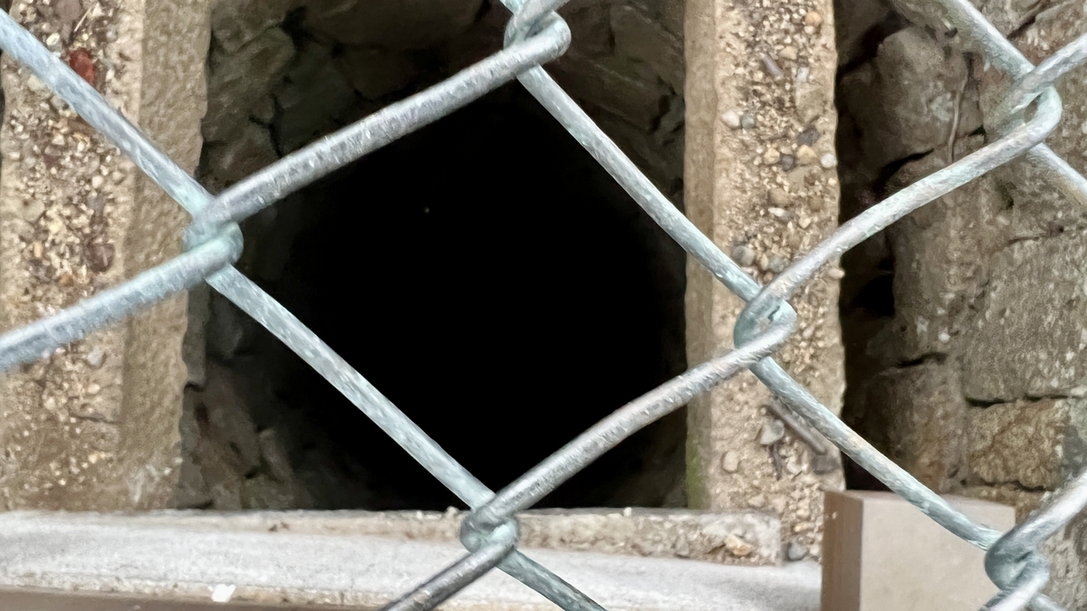 柵越しに覗き込んだ井戸の内部。深さを感じさせる黒く沈んだ空洞