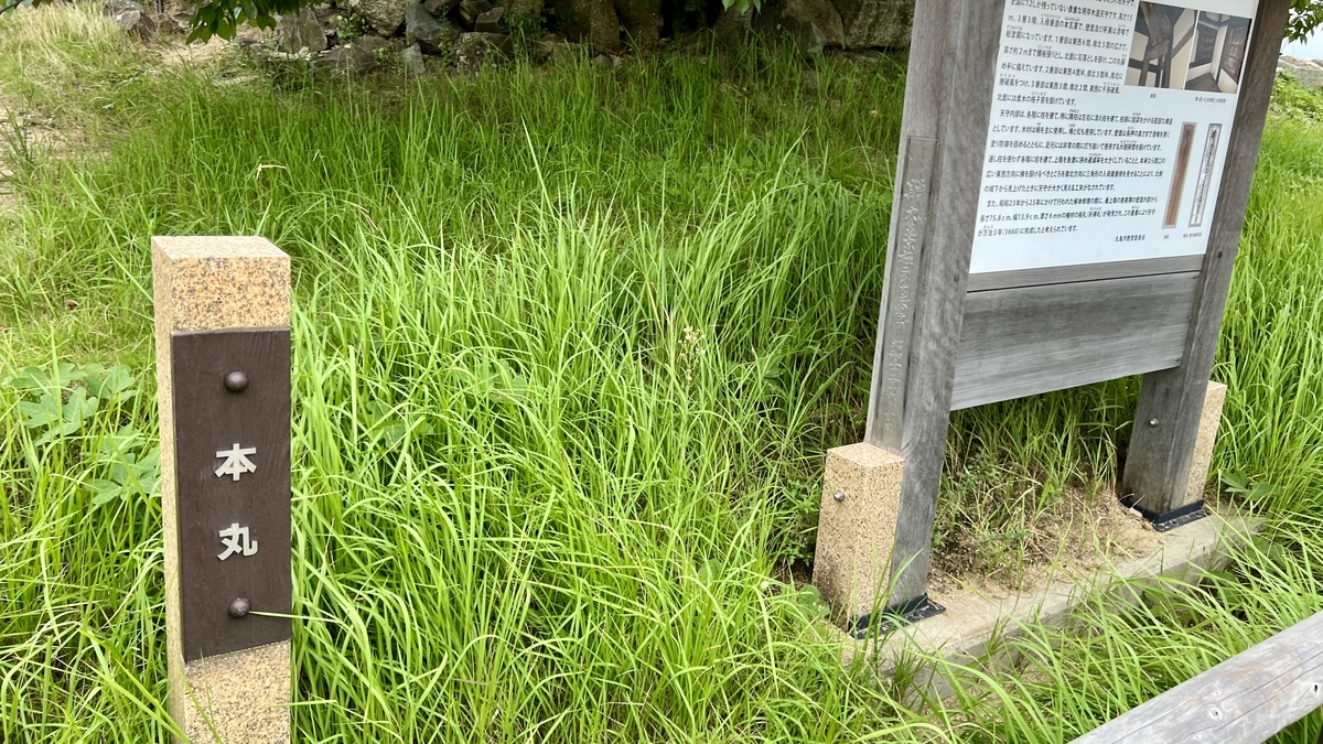 本丸の案内標柱と説明板。芝生の中に立つ本丸の位置を示す表示