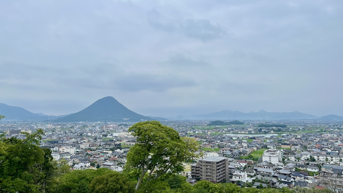 飯野山を背景に広がる丸亀市街地の遠景。晴れた日の視界が広がる風景